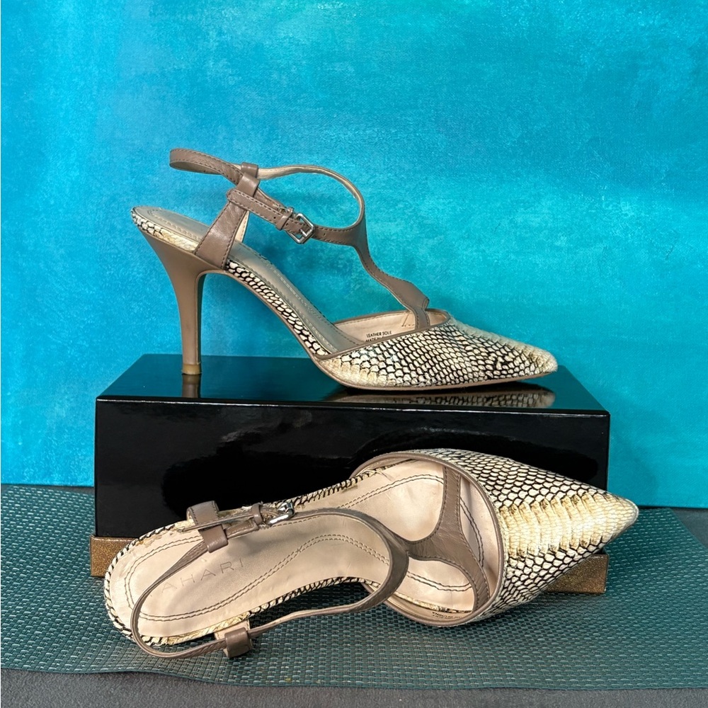 Tahari Snakeskin Brandy Leather Heels in Tan Nude Cream Tango Dance Shoes 7.5M